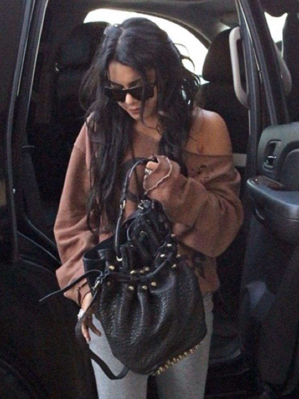 Alexander Wang Black Pebbled Leather Bucket Bag With Gold Studs